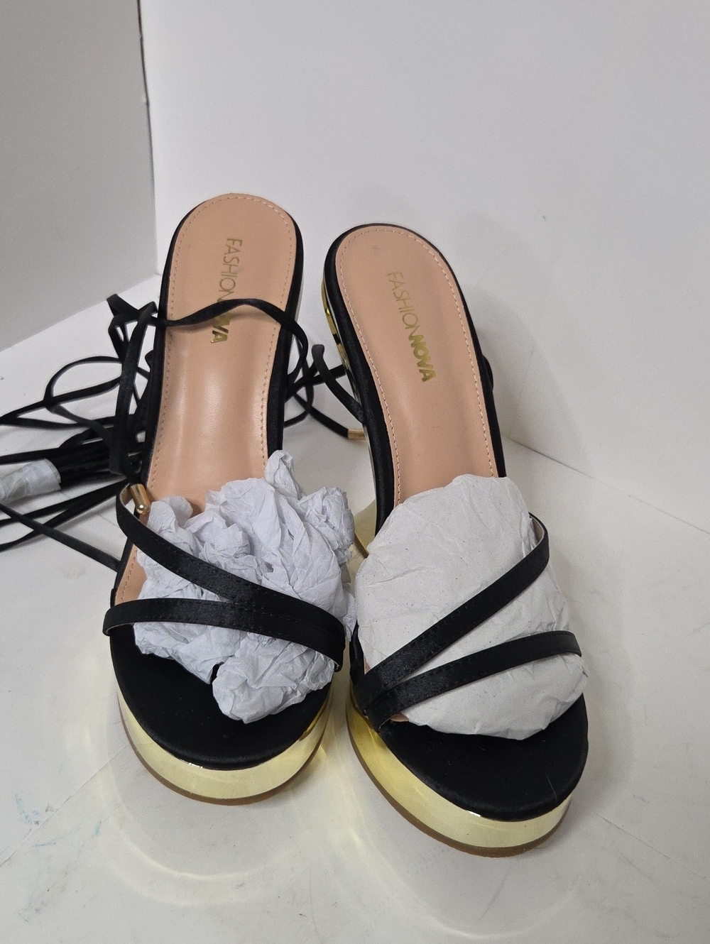 Fashion Nova Black Strappy Slide Sandals with Gold Platform